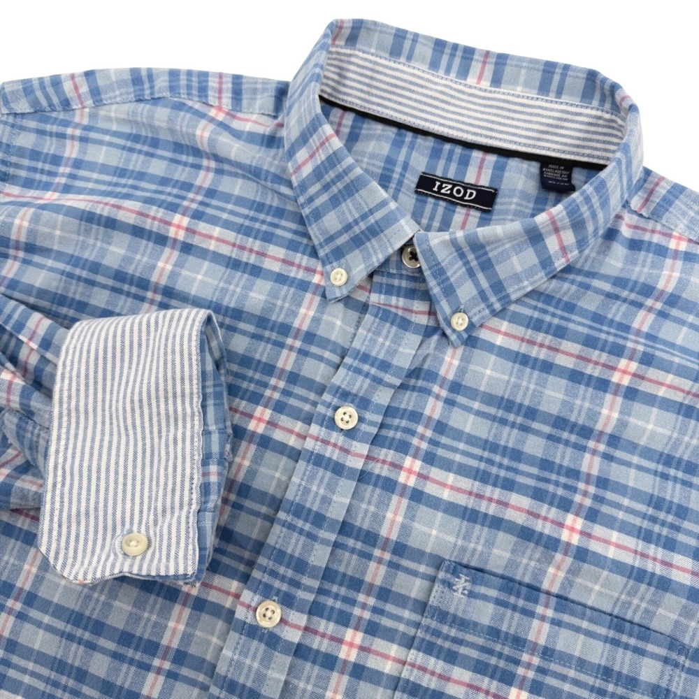 IZOD Shirt Mens XL Blue Plaid Long Sleeve Casual Preppy Classic Fit Oxford